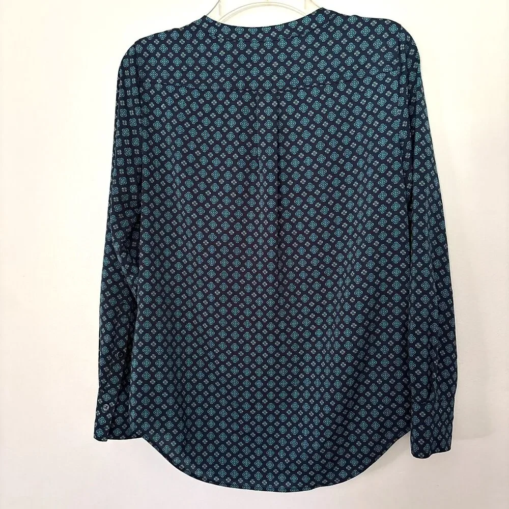 J.Crew Sz. XS Navy Blue Teal Geometric Print Hidden Button Neckline Blouse #19